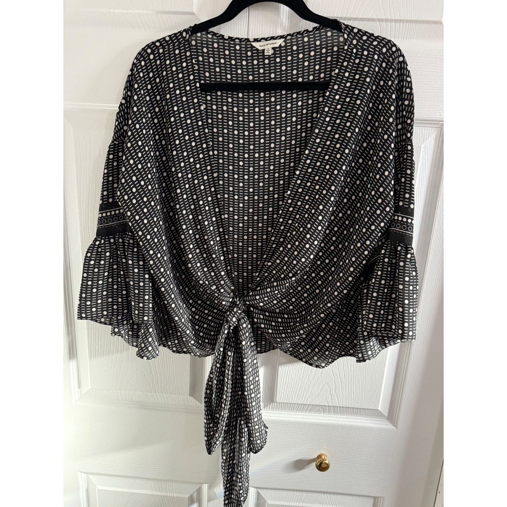 MAX STUDIO Black White Geometric Print Tie Front Bell Sleeve Blouse Top S